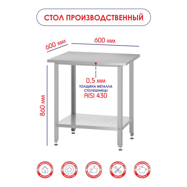 Стол из нержавеющей стали СПРб 600*600*860 "Base", производственный ...
