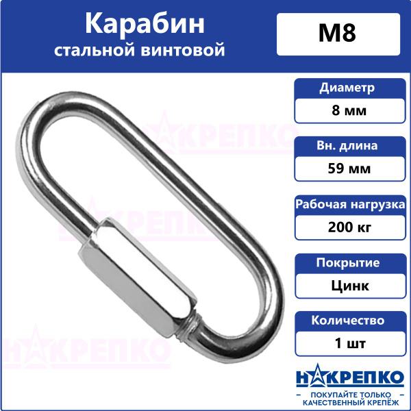 Карабин винтовой 8 мм оцинкованный 1 шт Накрепко - купить по выгодной ...