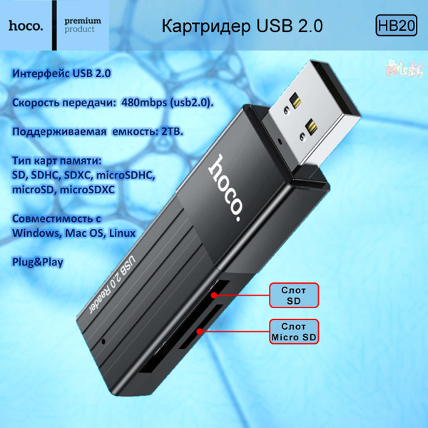 Картридер на 2 слота Hoco HB20 USB 2.0, адаптер/переходник для карт ...