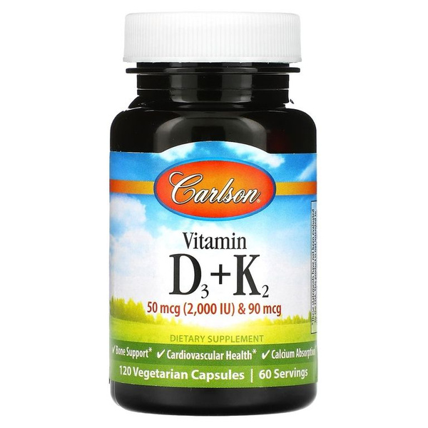 Carlson, Витамины D3 и K2, 50 мкг (2000 МЕ) и 90 мкг, 120 ...