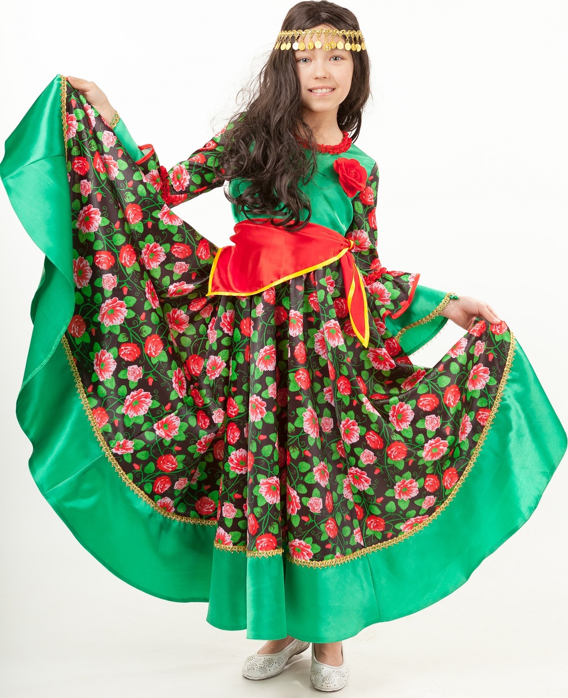 фото Карнавальный костюм Цыганка Рада платье, парик, косынка, повязка с манистами размер 146-76 Пуговка