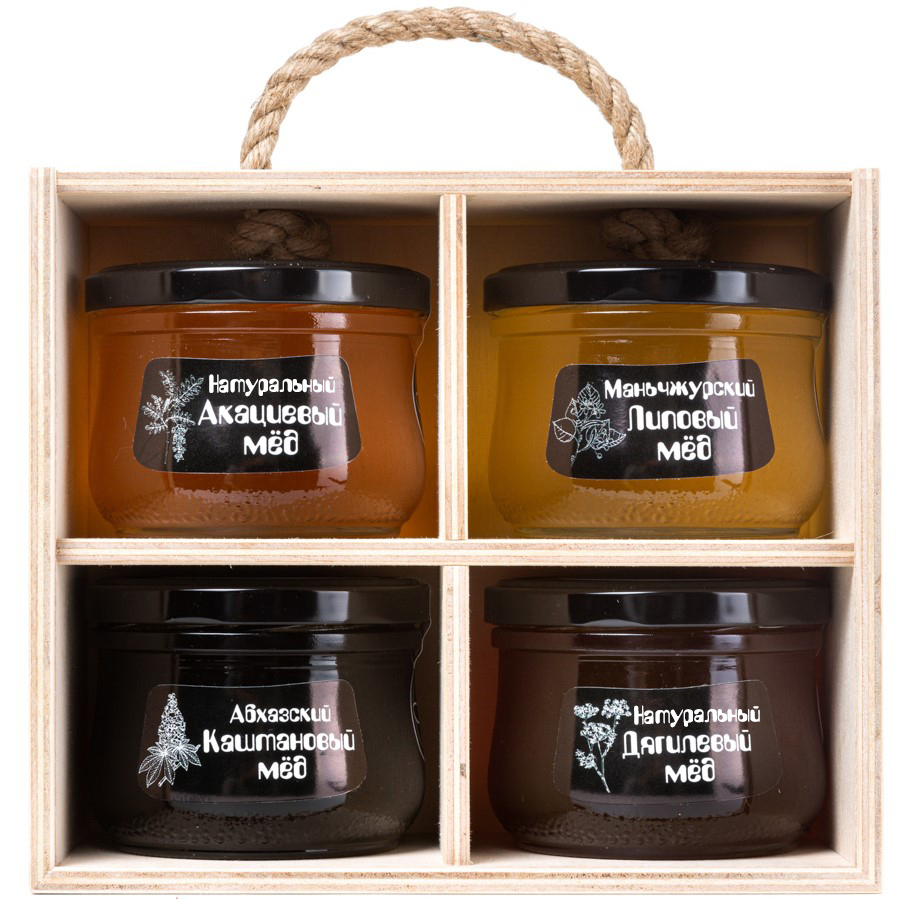 Подарочный набор меда "Altai PREMIUM" мед акациевый, липовый, каштановый дягилевый натуральный продукт вкусный подарок 4 банки по 300 гр (1200 гр)