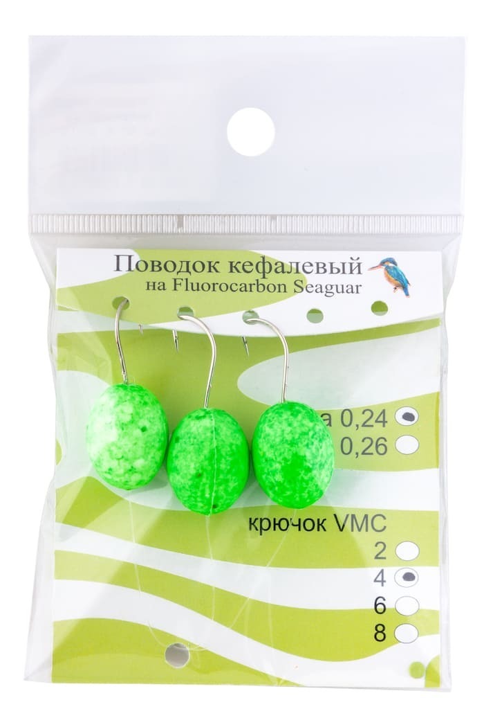 Поводоккефалевый(3шт)крючок№4(попл.зелёный1.4*1.7см,Fluorocarbon0.26мм)арт.182.02