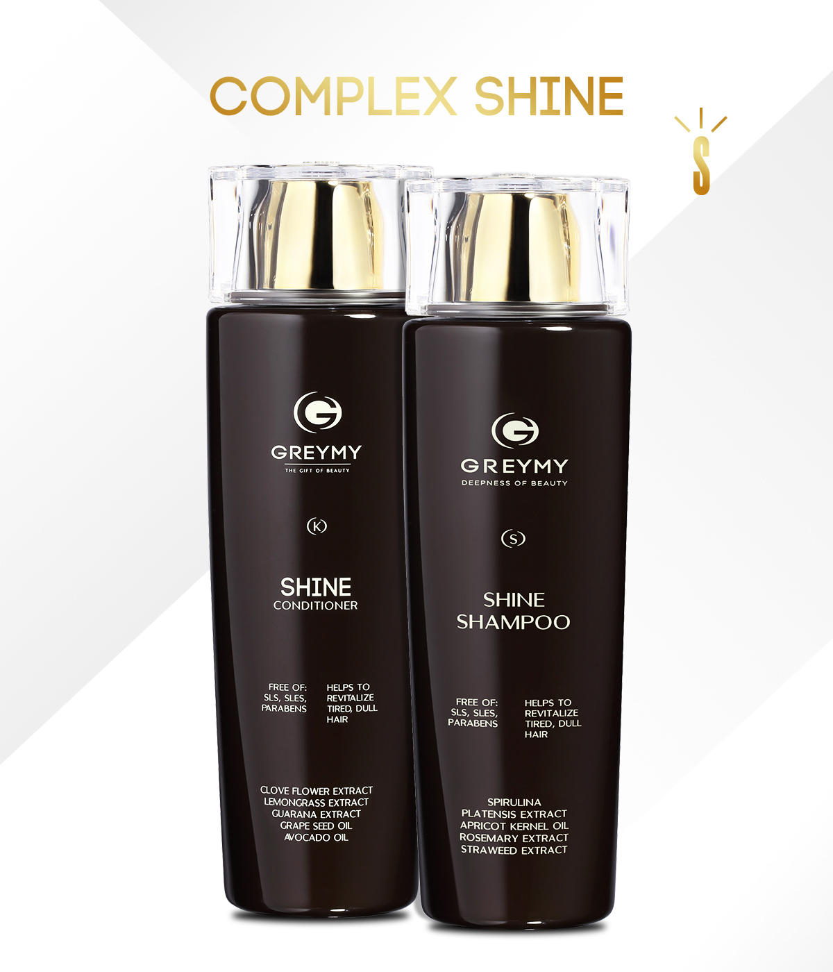 GREYMY SHINE COMPLEX Профессиональный набор для волос SHINE SHAMPOO/SHINE CONDITIONER (Шампунь безсульфатный 200 мл + Кондиционер для блеска волос 200 мл)
