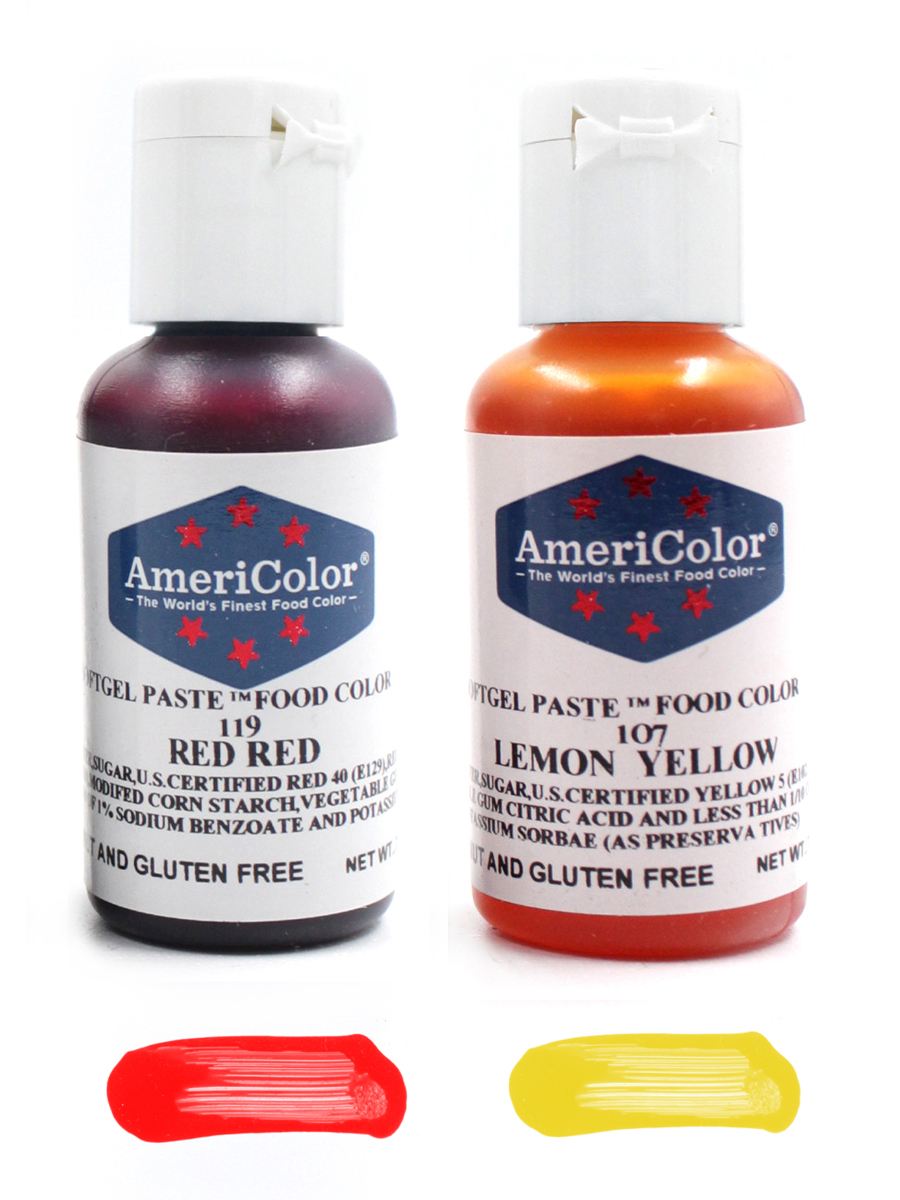 AmeriColor Набор из 2х гелевых пищевых красителей, оттенок Red Red (№119), Lemon Yellow (№107).