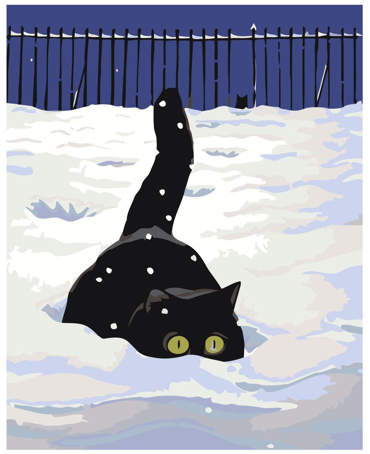 Черный котенок в сугробе