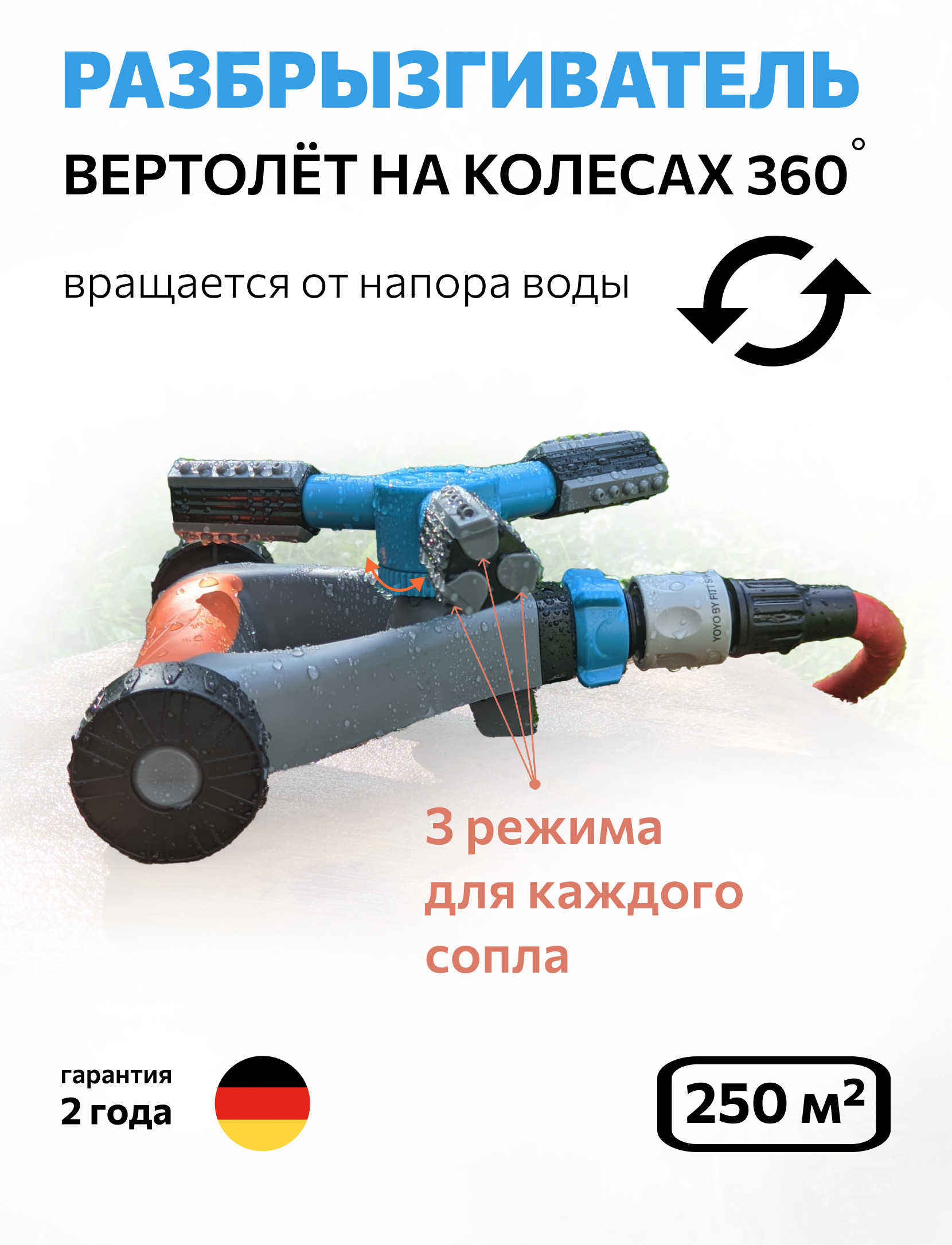 Вращающийся Дождеватель 250 кв.м. Автополив GRINDA, 360 градусов, 3 сопла  распылитель, опрыскиватель ПОДСТАВКЕ, система полива газонов и грядок ...