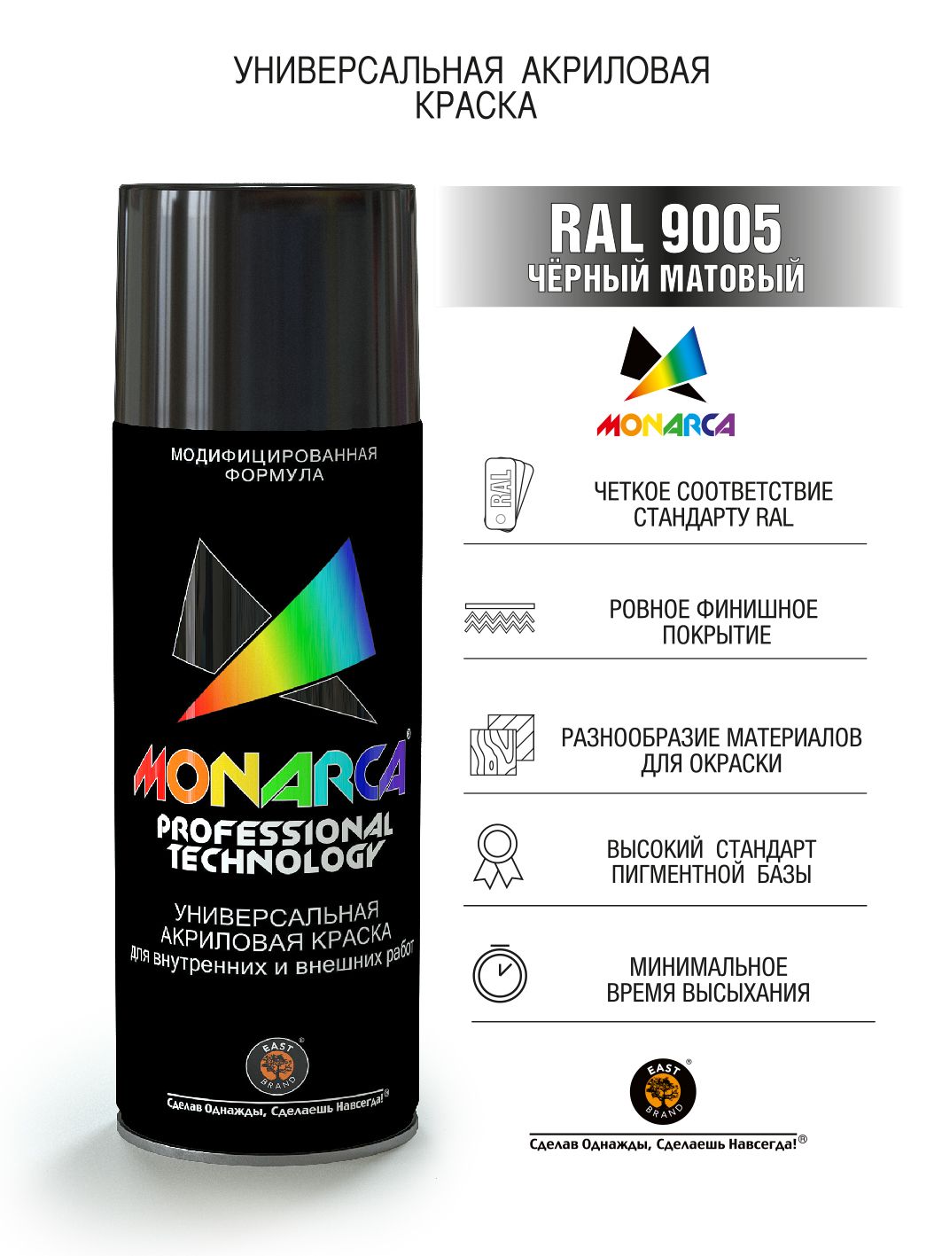 Краска универсальная аэрозольная акриловая Eastbrand Monarca матовая RAL  9005 черная 520 мл