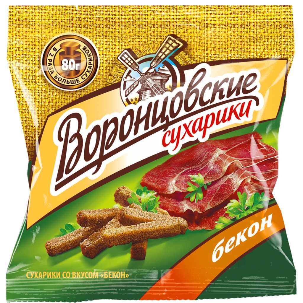 Сухарики ВОРОНЦОВСКИЕ ржано-пшеничные, со вкусом бекона, 80г - 10 шт