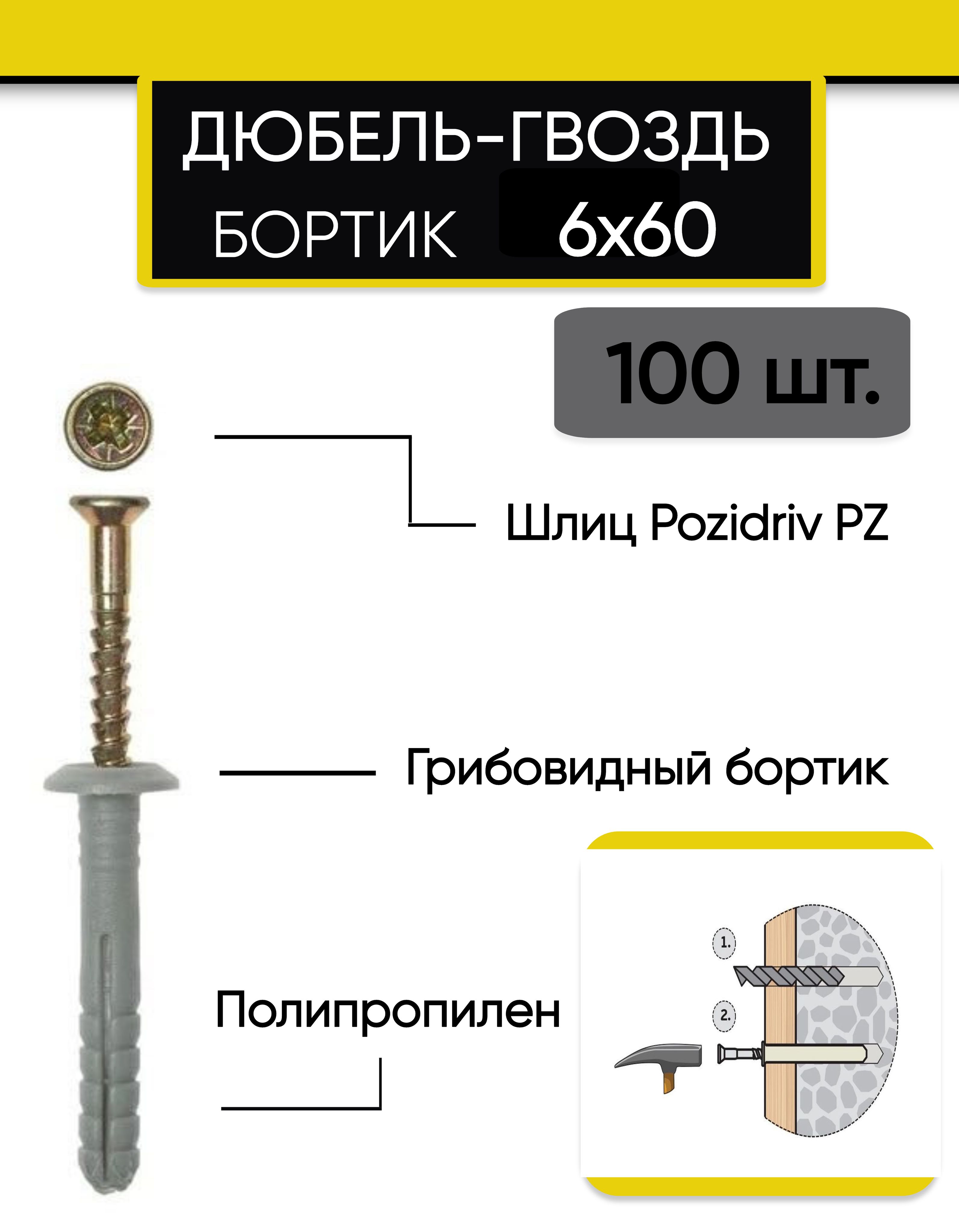 Дюбель-гвоздь с грибовидным бортиком 6х60мм (100шт)