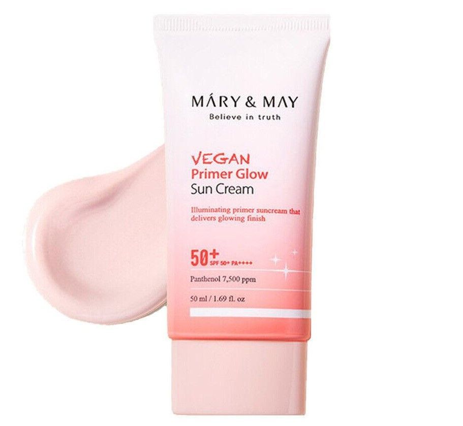 Крем mary may. Mary&May Vegan primer Glow Sun Cream. Праймер для лица с SPF 50 Корея розовый. Mary & May Vegan primer Glow Sun Cream spf50+ pa++++ 50ml. Крем праймер с ниацинамидом.