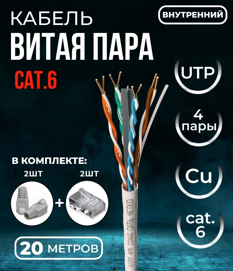 КабельвитаяпараUTP4,23AWG,cat.6,чистаямедь,серый,внутренний,скрестовиной,20метров