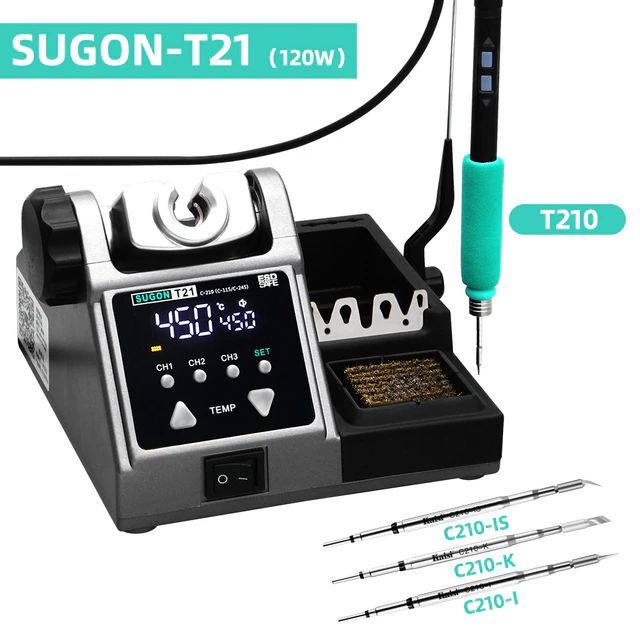 Паяльная станция SUGON T21, 120Вт, для жал формата C245, C210, C115, с тремя жалами в комплекте С210