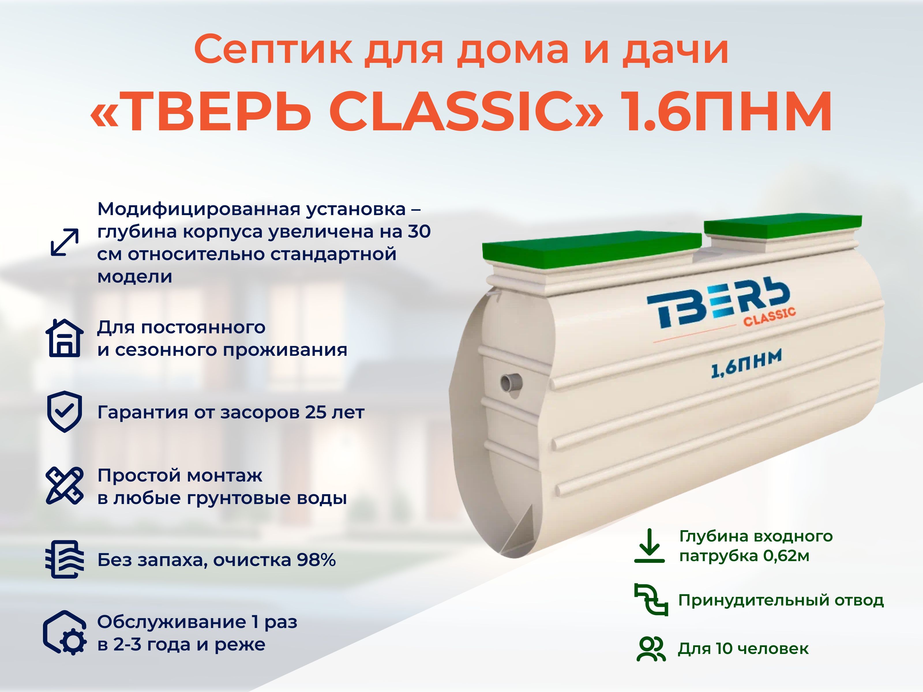 Септик ТВЕРЬ CLASSIC 1,6ПНМ с увеличенным корпусом принудительная станция биологической очистки автономная канализация на 10 человек