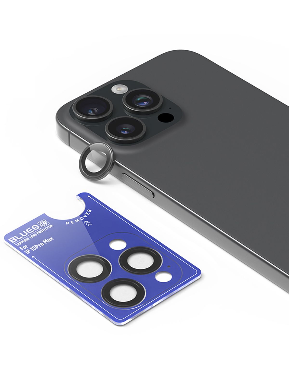 Сапфировое стекло BlueO Camera lens SAPPHIRE на камеру Apple iPhone 15 Pro  Max / для Айфон 15 Про Макс c металлической кромкой, с аппликатором для ...