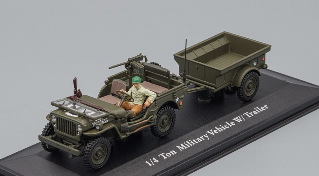 МасштабнаямодельавтомобиляJEEPWillys1/4TonMilitaryvehiclew/trailer/масштаб1:43