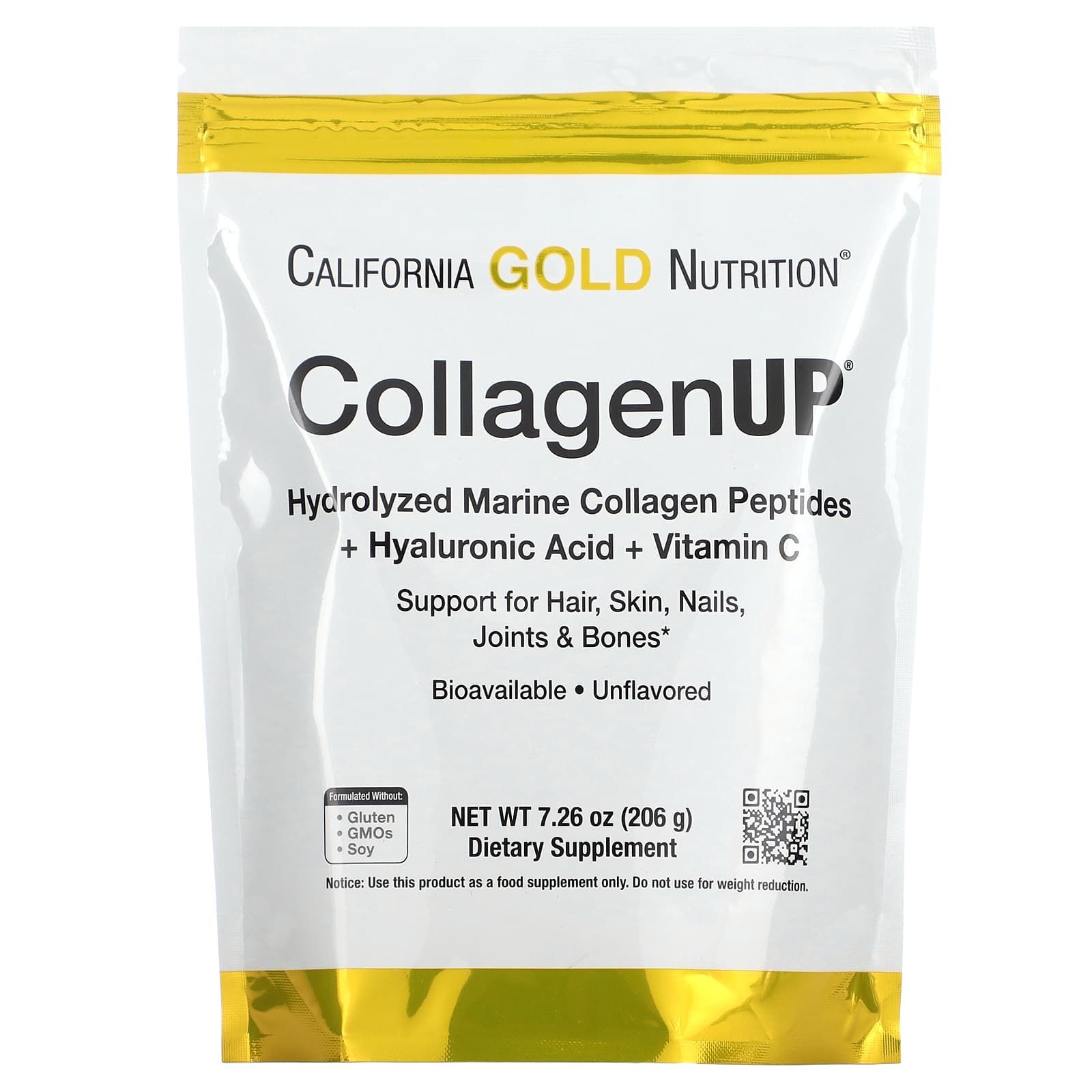 CaliforniaGoldNutrition,CollagenUP,гидролизованныепептидыморскогоколлагенасгиалуроновойкислотойивитаминомC,снейтральнымвкусом,206г(7,26унции)