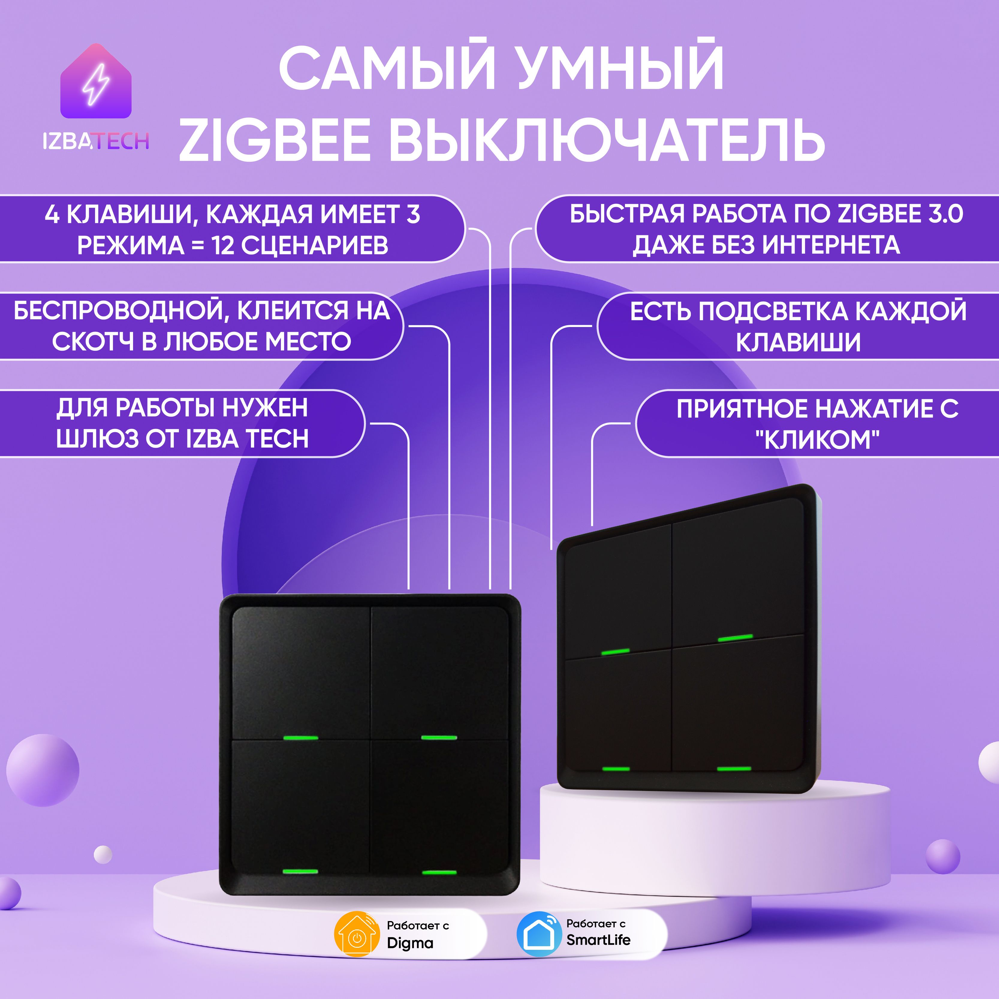 Умный выключатель Izba Tech, клавиш 4 шт, монтаж Открытый - купить с  доставкой по выгодным ценам в интернет-магазине OZON (908816597)