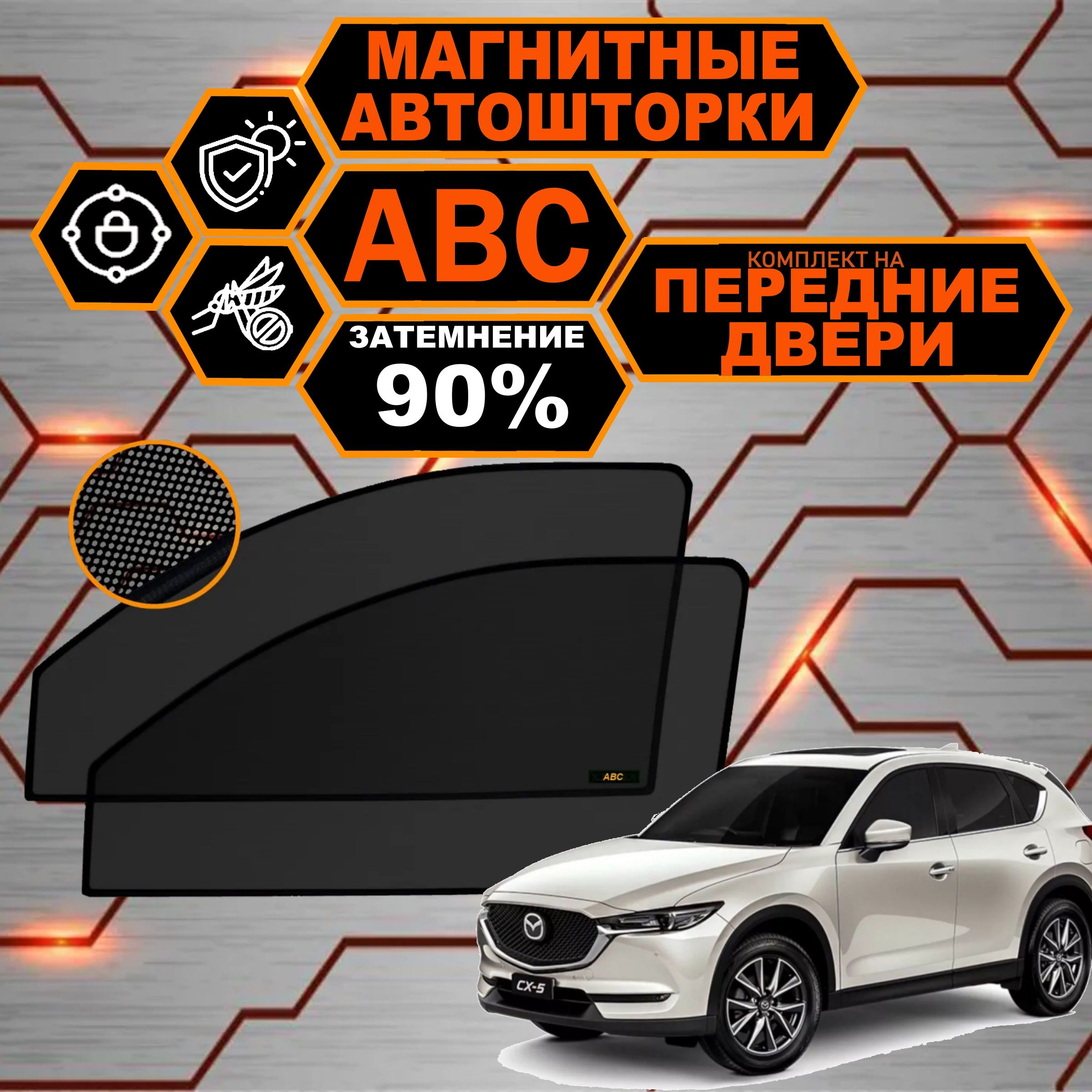 СолнцезащитныекаркасныеавтошторкиPREMIUM90наМазда,MazdaCX-5(2017-н.в)передниеокна,НАВСТРОЕННЫХМАГНИТАХ,съемнаятонировка,сеткинаавто