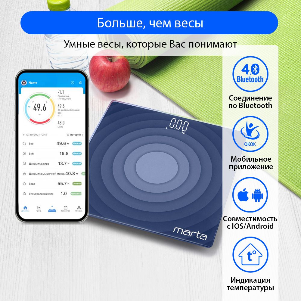 Умные весы MARTA MT-SC3603 диагностические с синхронизацией IOS и ANDROID по Bluetooth, напольные 26х26 см, графит