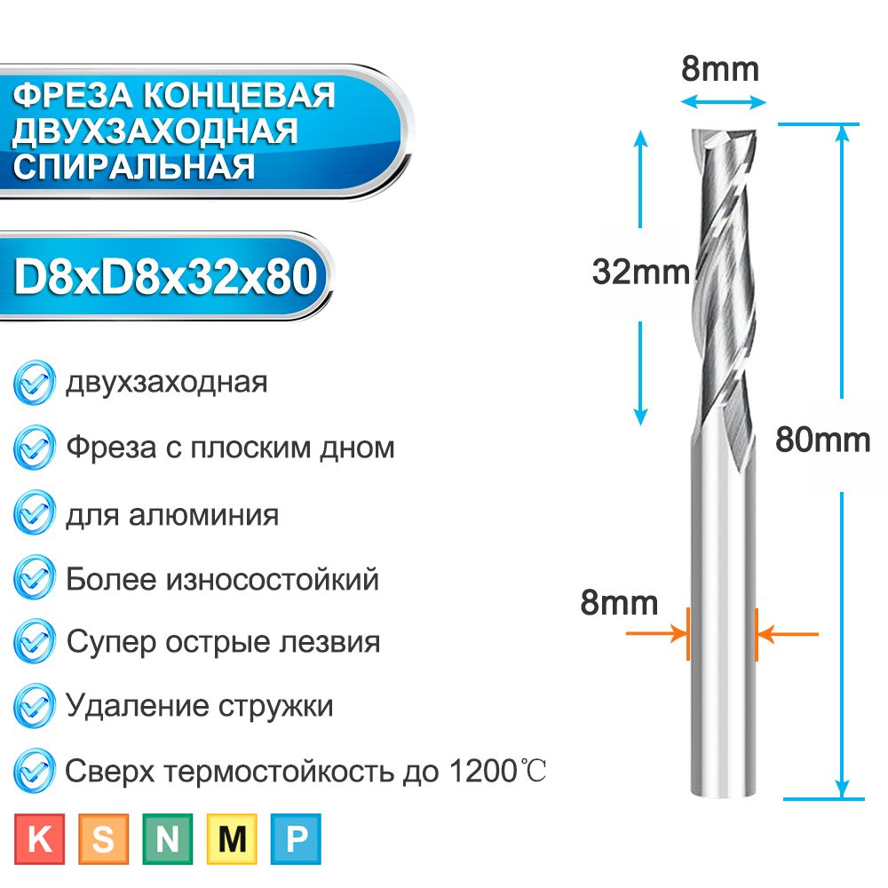 Фрезаконцеваядвухзаходнаяcпиральнаядляалюминия,хвостовик8мм,размер8х8х32мм