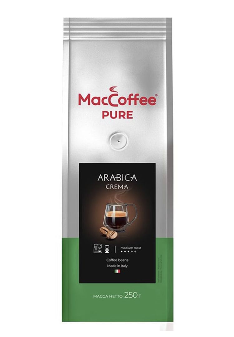 Кофе в зернах pure maccoffee. Кофе Маккофе Арабика крема молотый 250г. Кофе молотый «Pure Arabica crema» MACCOFFEE (250г*12) пак. Мак кофе пуре Арабика крема. Маккофе Pure Arabica crema.