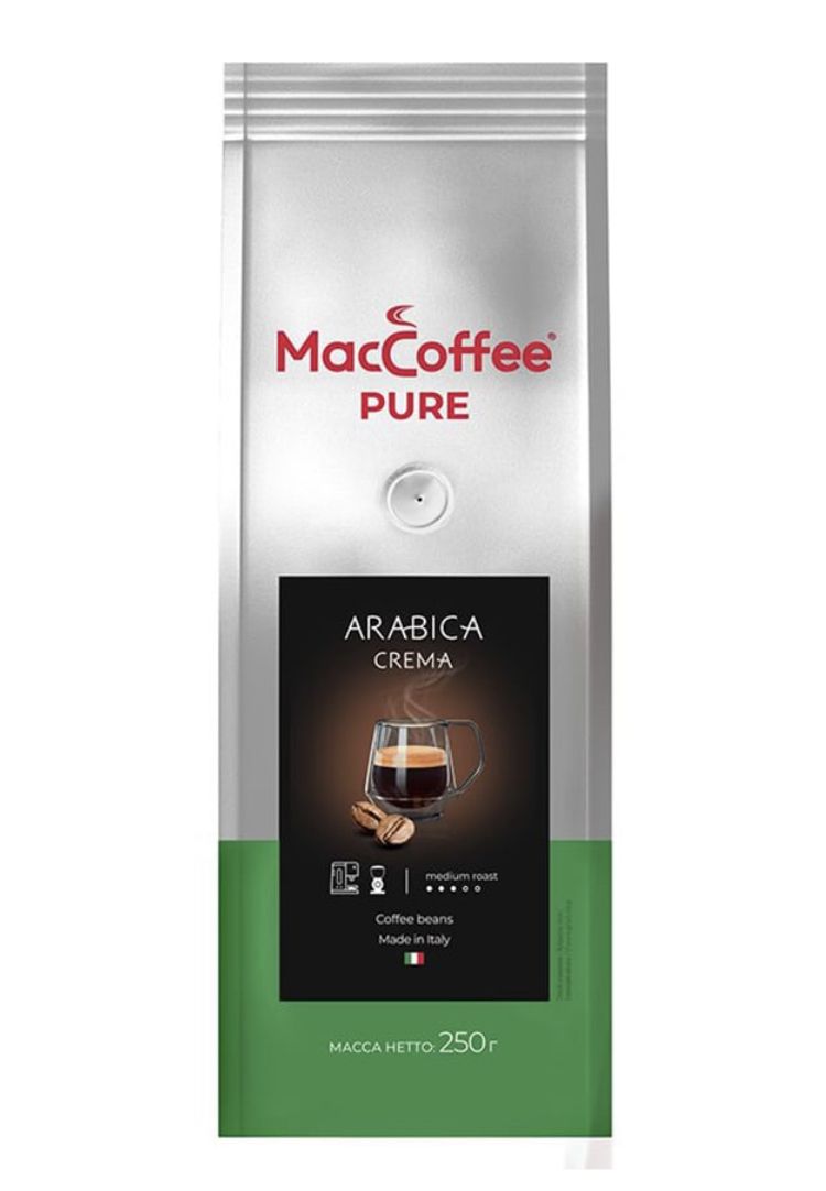 Кофе в зернах maccoffee. Кофе Маккофе Арабика крема молотый 250г. Кофе молотый «Pure Arabica crema» MACCOFFEE (250г*12) пак. Мак кофе пуре Арабика крема. Маккофе Pure Arabica crema.