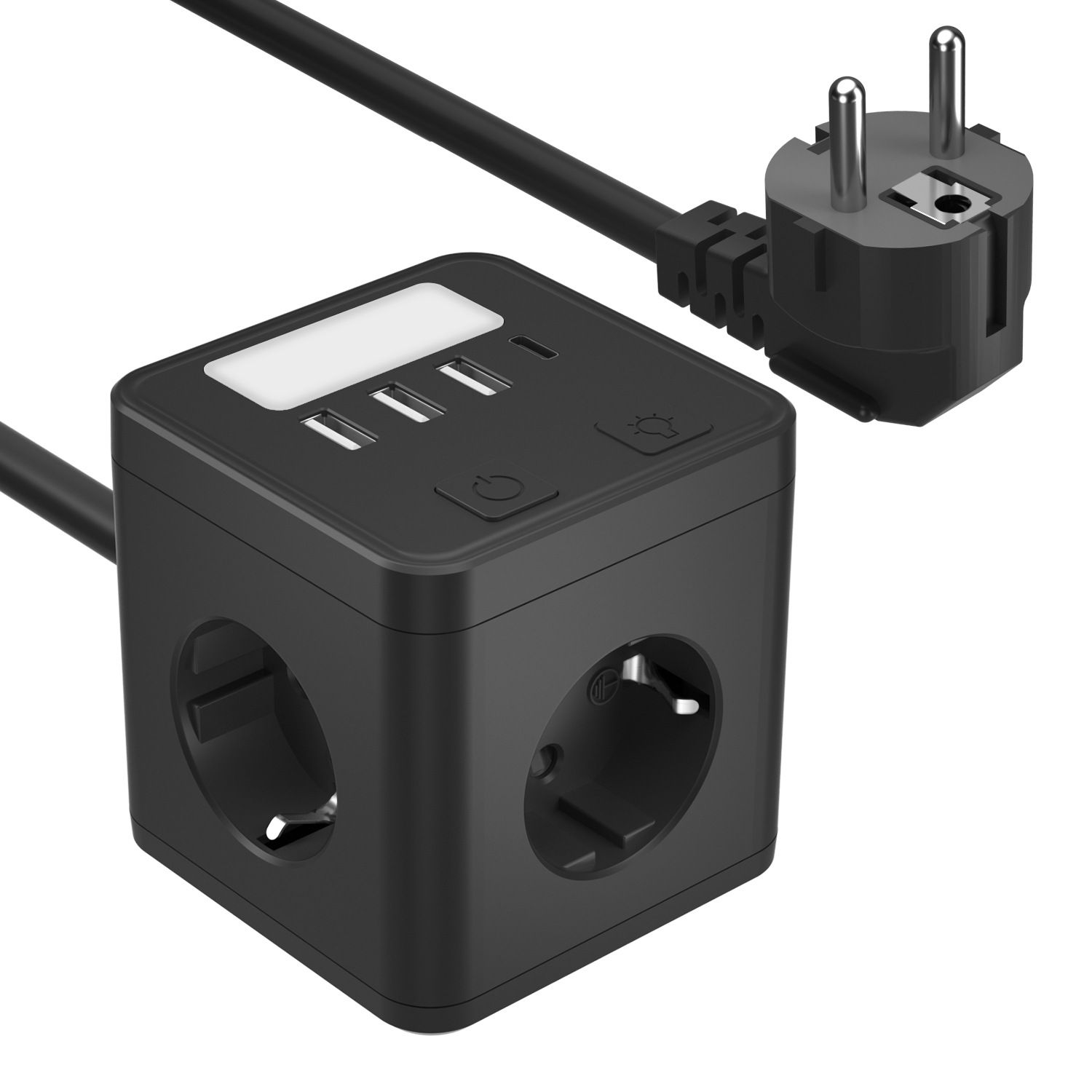 Удлинитель-тройник-ночник , с USB, Type-C PowerCube, 4 гнезда 220V, 3 USB 2400mA / 1 Type-C 3100mA, c заземлением, защитные шторки, 10 A/2500 Вт.