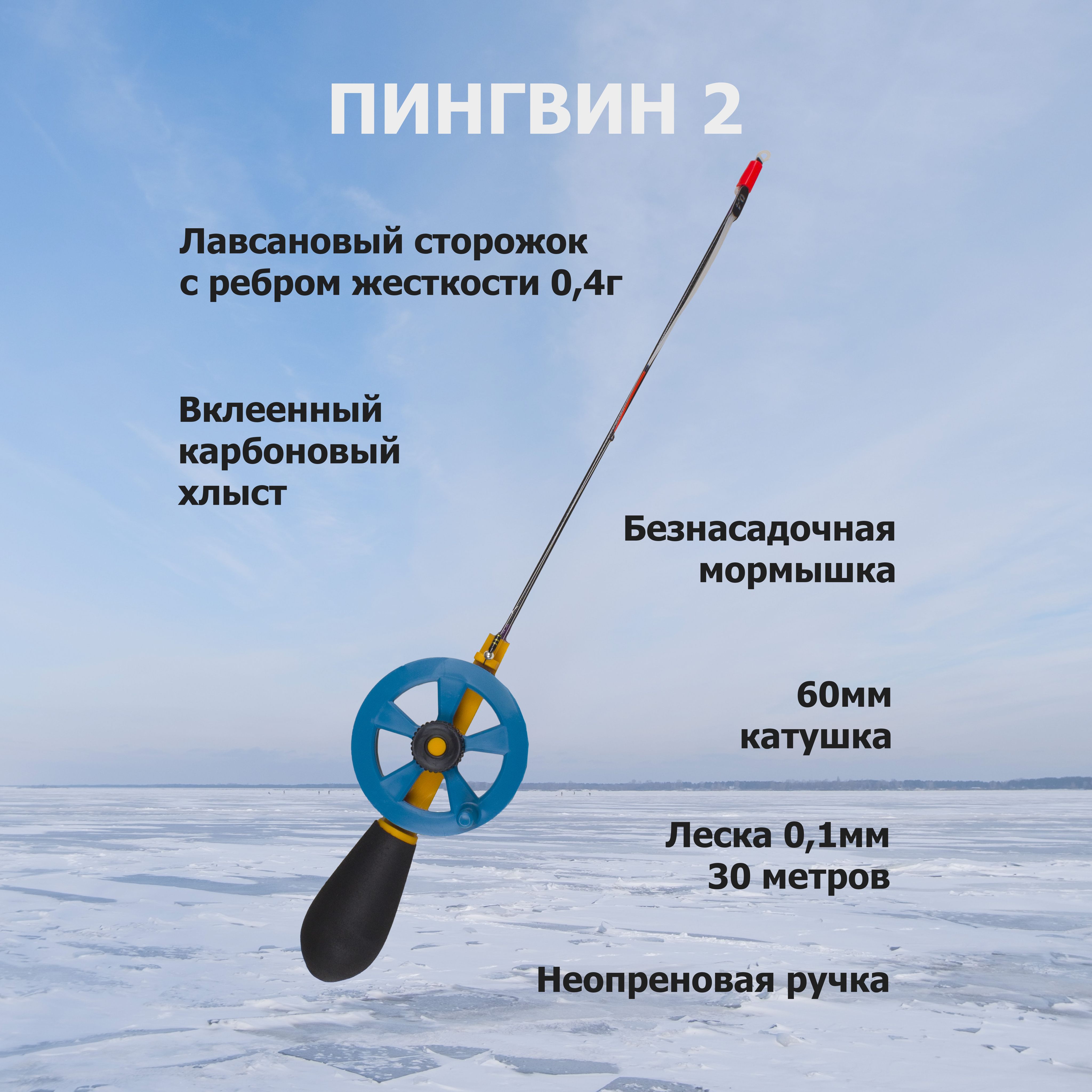 Удочказимняя,оснащеннаяSipFishingПингвин-2(мормышка,сторожокикарбоновыйхлыстик)