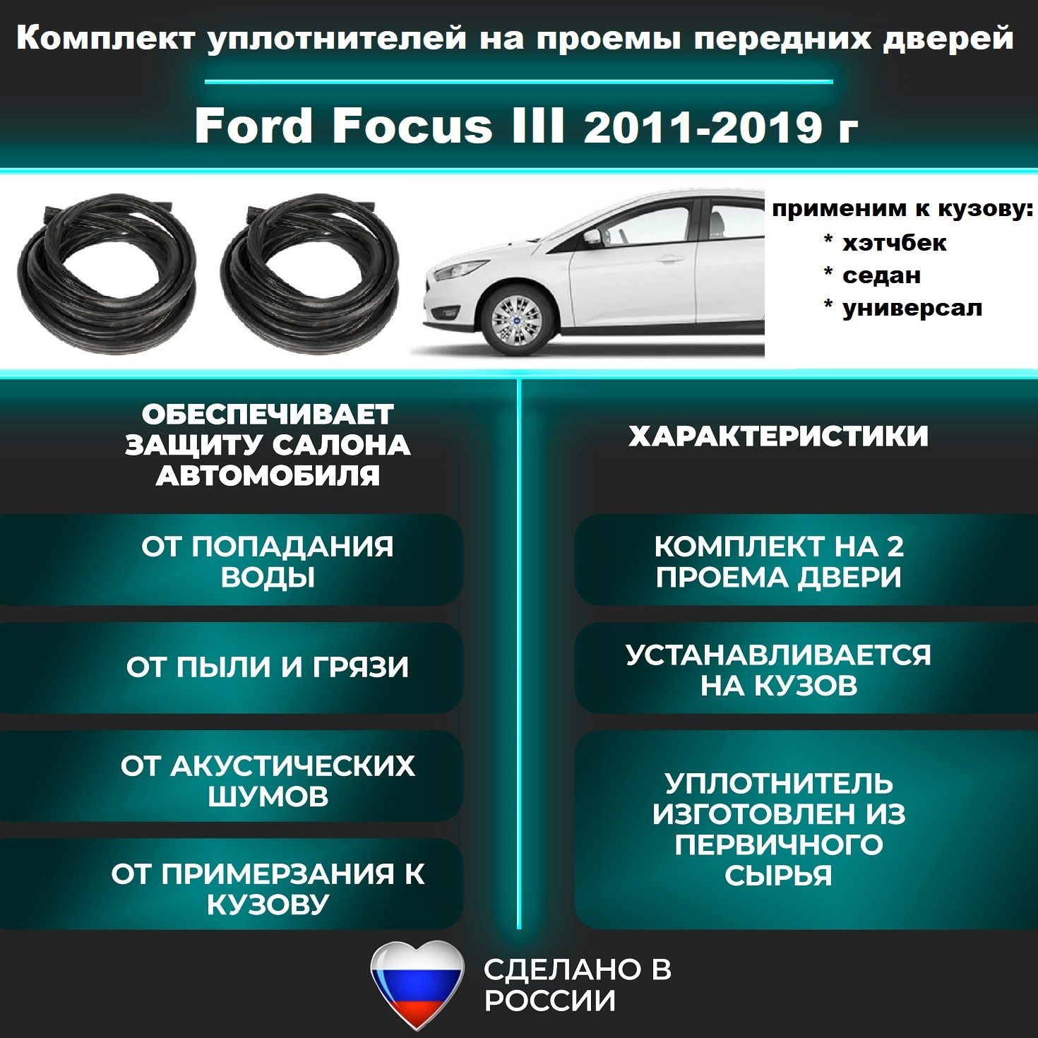 Комплект уплотнителей проема передних дверей на Ford Focus III 2011-2019 г / уплотнитель на водительскую и пассажирскую дверь Форд Фокус 3 (правую и левую)