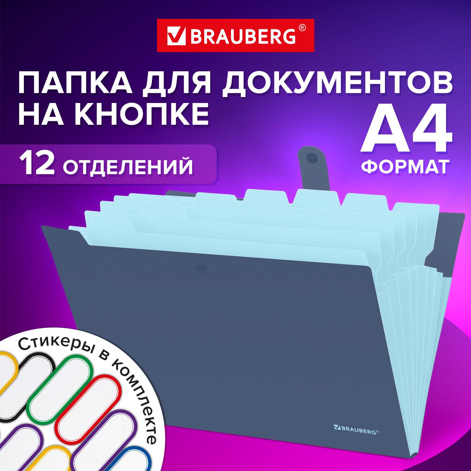 ПапкадлядокументовА4канцелярскаясфайлами,органайзердлябумагнакнопке12отделенийвшколу,синяясголубым,Brauberg"Extra"