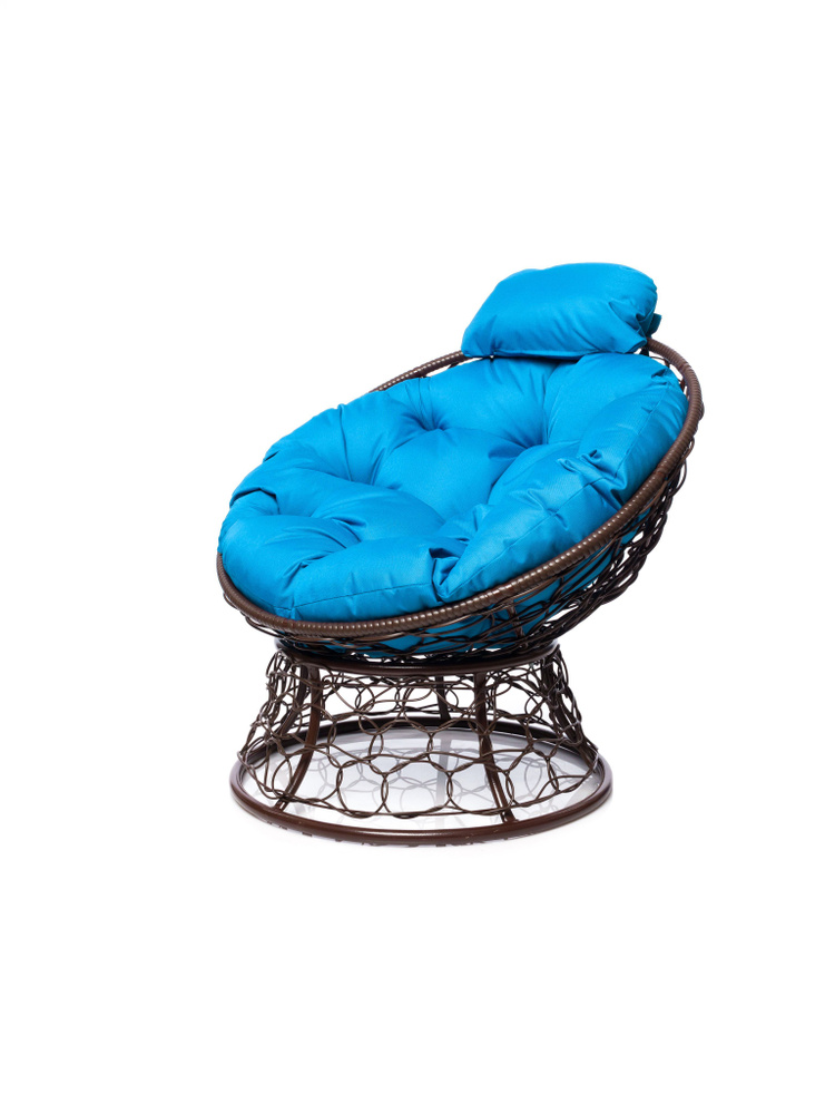 Кресло ПАПАСАН мини с ротангом коричневое, голубая подушка  #1