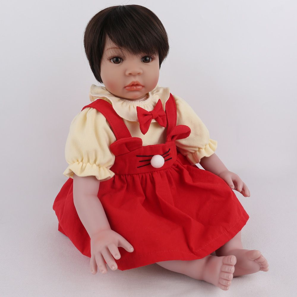 Кукла реборн NPK Doll мягконабивная 55 см. Кукла младенец Reborn в красном сарафане.  #1