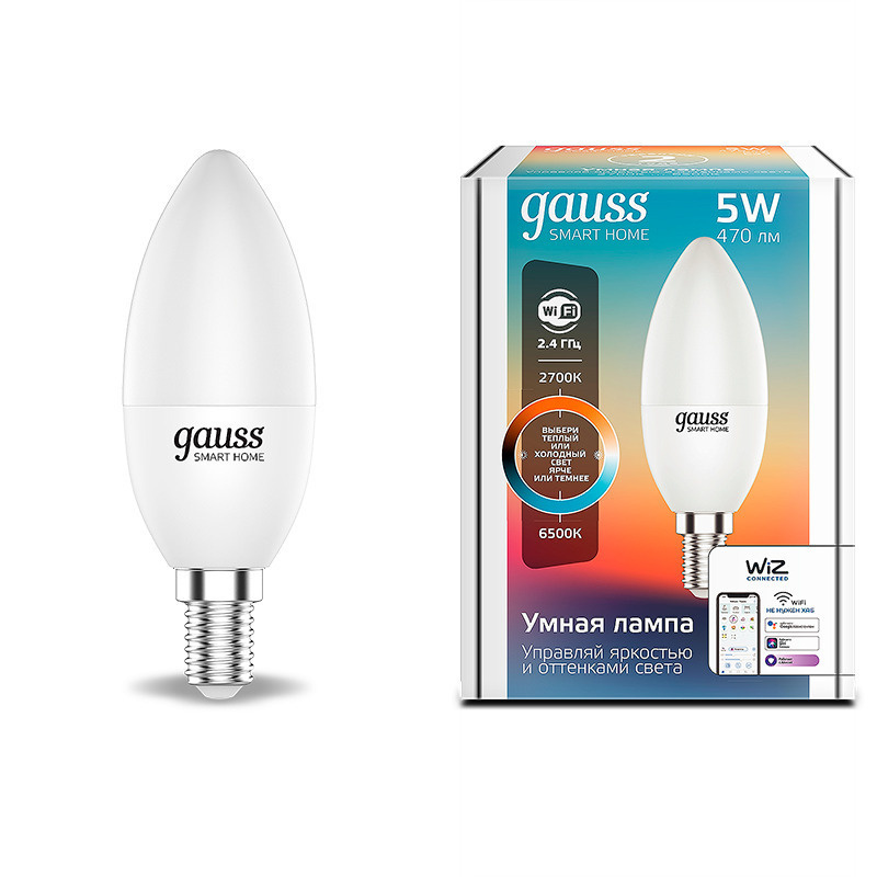 Умная Wi-Fi лампочка Gauss Smart Home С37 5W 470лм E14 ССT DIM, управление голосом/смартфоном, с изменением #1