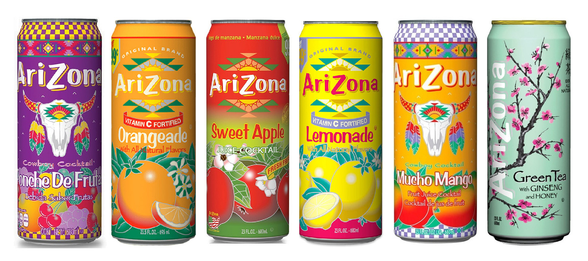Набор напитков Arizona Fruit Juice Cocktail & Iced Tea 0,68 л США : Mucho Mango, Fruit Punch, Lemonade, Orangeade, Sweet Apple, Grean Tea with Ginseng and Honey