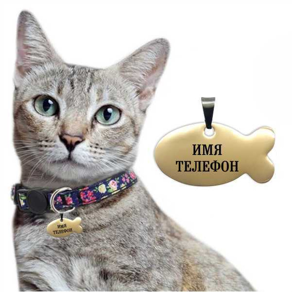Адресник для кошки и кота с гравировкой - Рыбка (нержавейка с покрытием ...