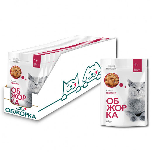 Корм для кошек ОБЖОРКА кусочки в соусе с говядиной, 85г (упаковка - 24 ...