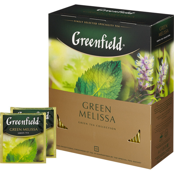 Чай Greenfield Green Melissa зеленый, фольгированные 100 пакетиков в ...