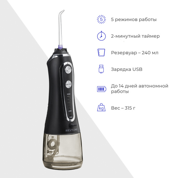 Портативный ирригатор для полости рта Revyline RL 450 черный, 5 насадок ...