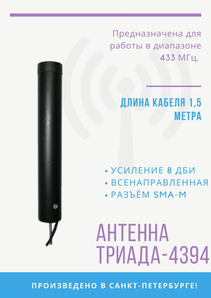Антенна врезная Триада-4394 всенаправленная врезная 433 МГц, RG 58 3 м ...