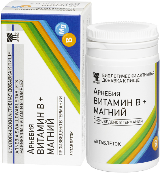 АРНЕБИЯ ВИТАМИН B + МАГНИЙ, таблетки по 60 штук, источник витаминов В1 ...