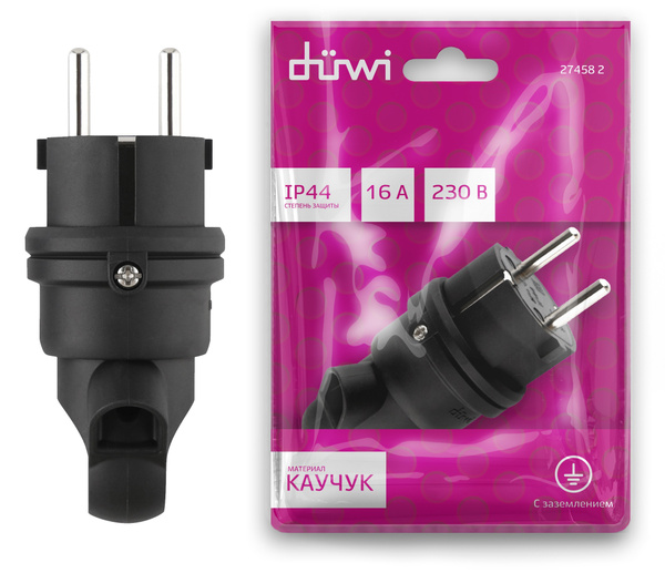 Вилка с заземлением 16A IP44 каучуковая 90град с кольцом черная duwi ...