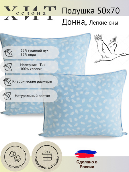 Подушка 50х70, Легкие сны, Донна, 65% пуха, 35% пера, Тик 100% хлопок ...