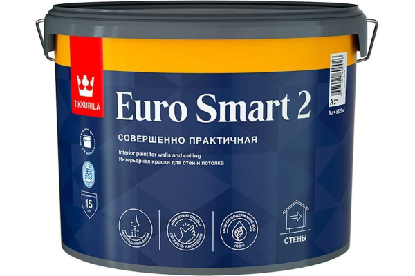 Краска Tikkurila Euro Smart 2 Гладкая, Акриловая, Глубокоматовое ...
