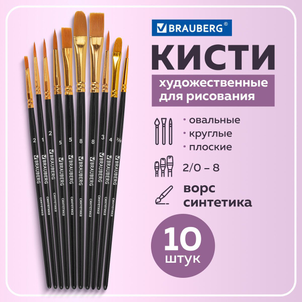Кисти для рисования, кисточки для акварели, гуаши синтетика Brauberg ...