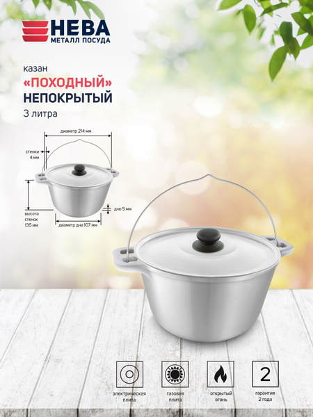 Казан 3 л непокрытый глубокий "походный" с алюминиевой крышкой и дужкой ...
