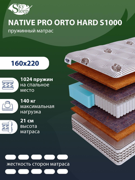 Матрас SkySleep NATIVE PRO ORTO HARD S1000, Независимые пружины, 160 ...