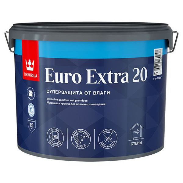 Краска акриловая TIKKURILA Euro Extra 20 база А для стен и потолков 9л ...