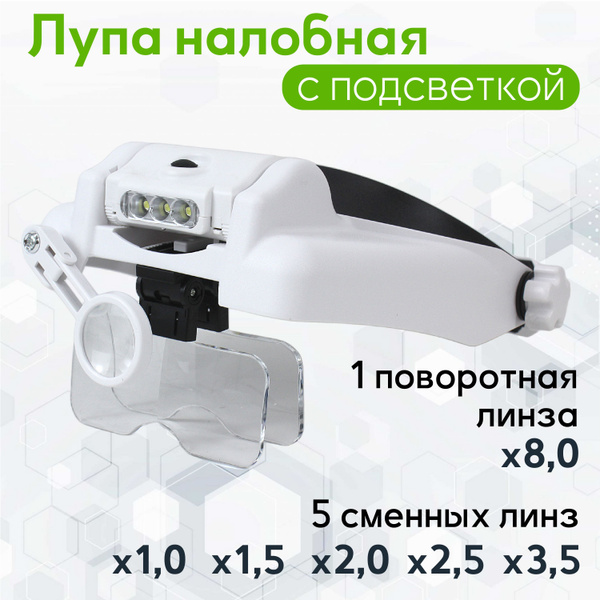 Лупа налобная, бинокулярные монтажные очки с подсветкой (3 LED), 5 ...