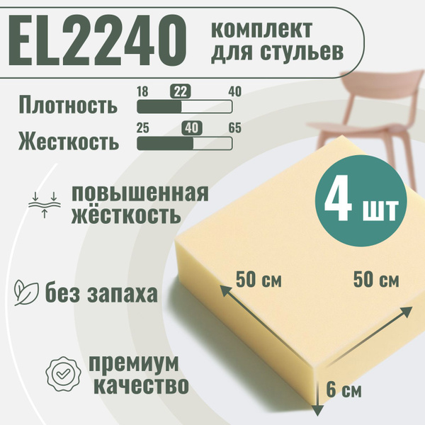 Поролон мебельный EL2240 для стульев, 4шт, 6х50х50 см, плотность 22 кг ...